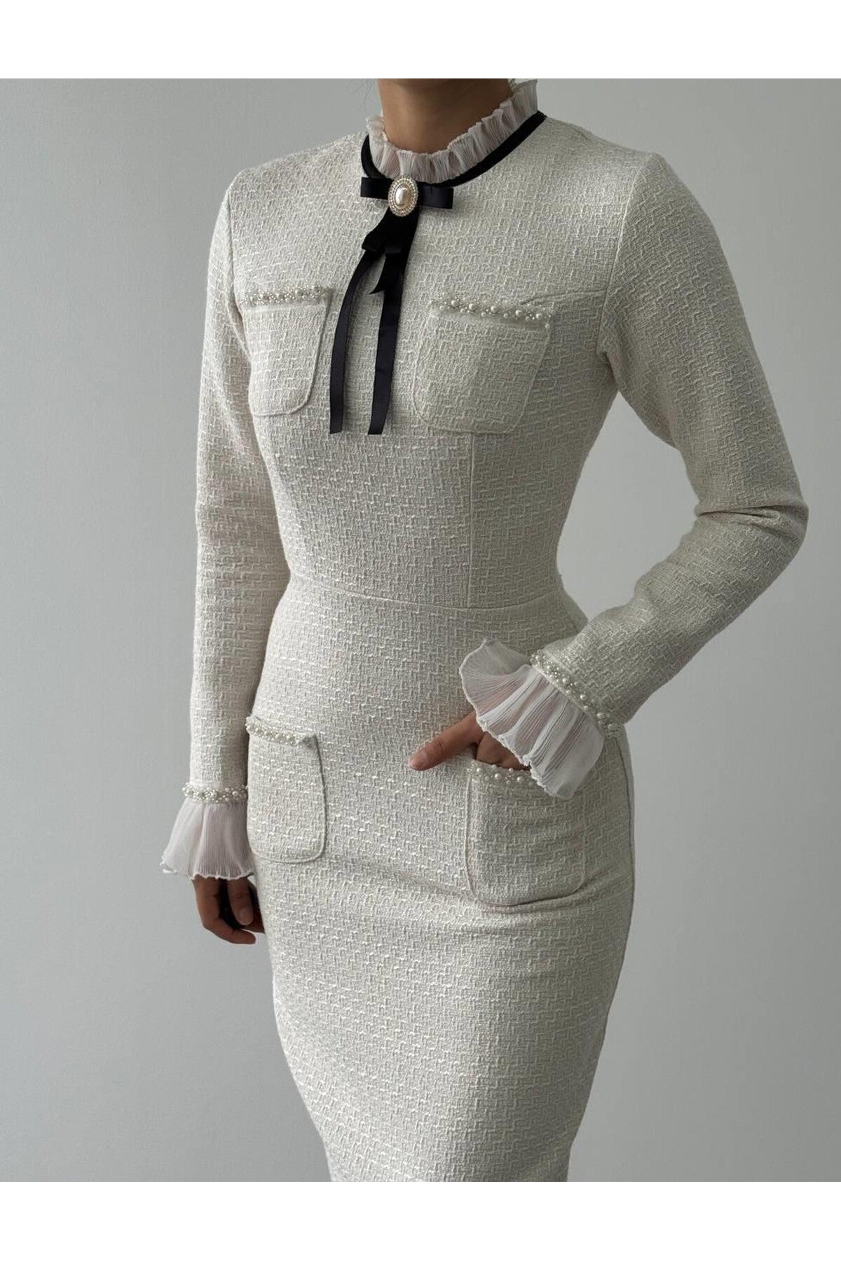 Tweed Midi Dress with Ribbon Collar