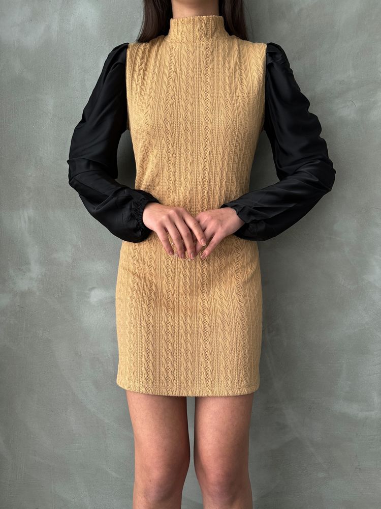 Faux Leather Sleeve Knit Dress