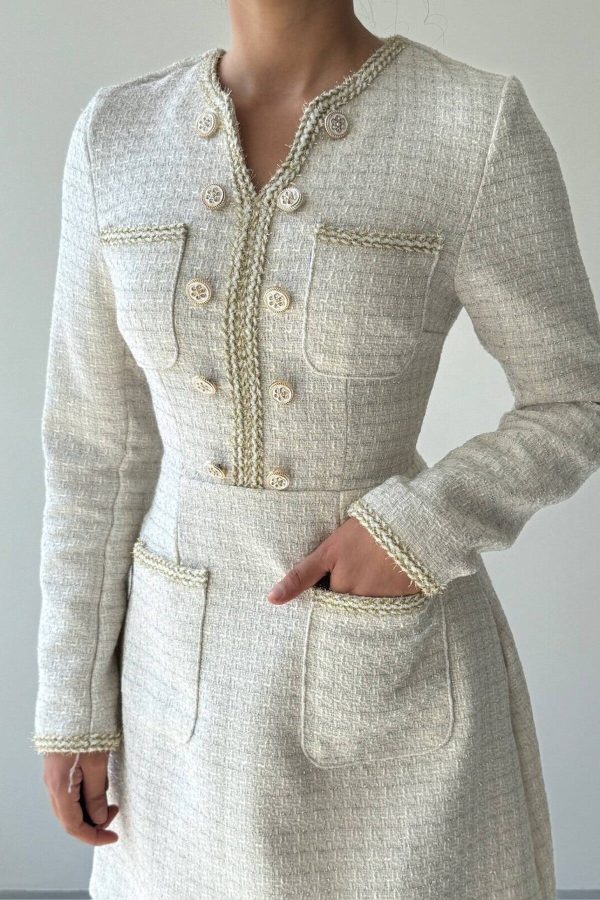 Gilded Trim Tweed Mini Dress