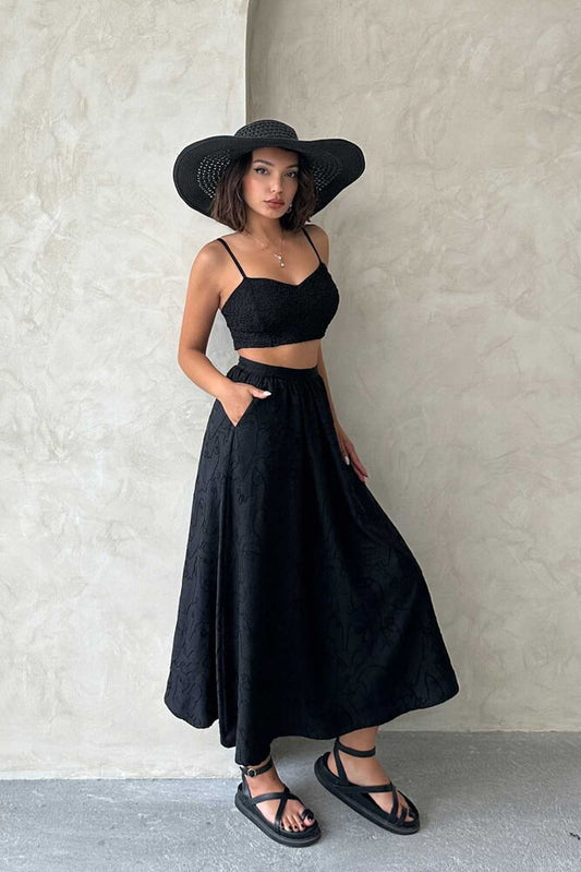 Embroidered Linen-Look Midi Skirt