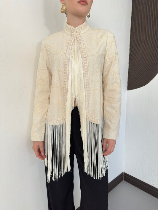 Embroidered Fringe Jacket - Stone
