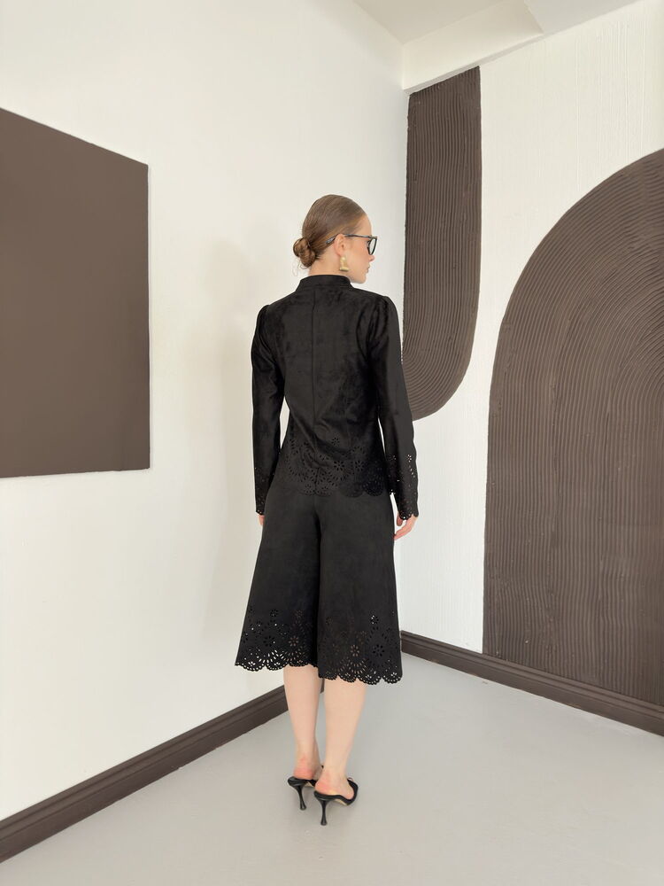 Laser-Cut Suede Frog-Button Jacket in Black