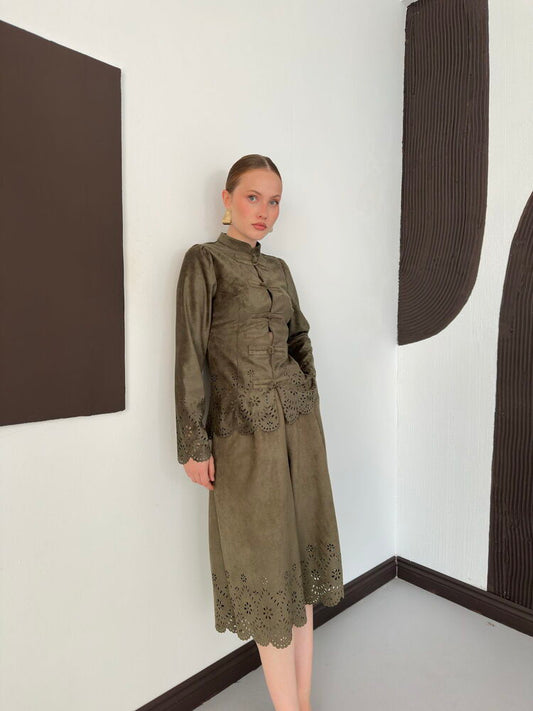 Laser-Cut Suede Frog-Button Jacket in Khaki