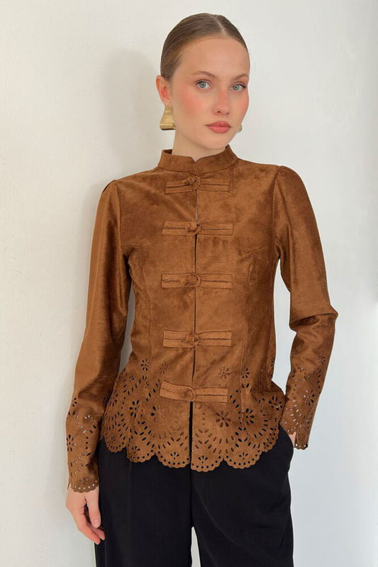 Laser-Cut Suede Frog-Button Jacket in Tan