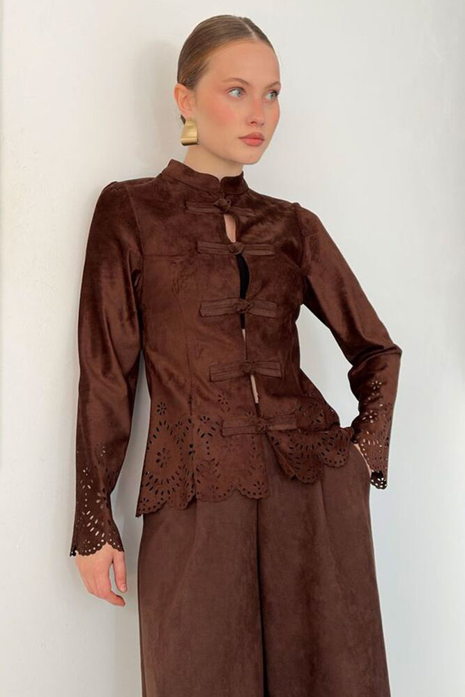 Laser-Cut Suede Frog-Button Jacket in Brown