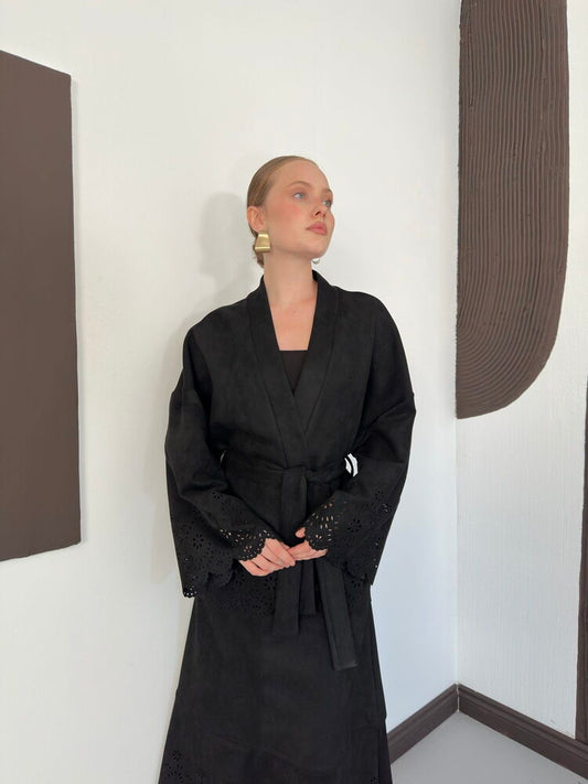 Laser-Cut Suede Kimono Jacket in Black