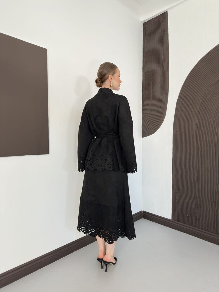 Laser-Cut Suede Kimono Jacket in Black