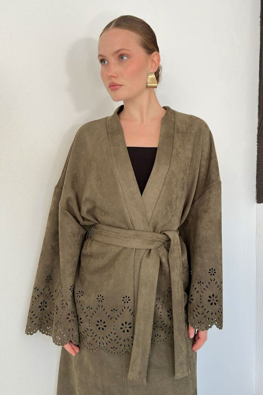 Laser-Cut Suede Kimono Jacket in Khaki
