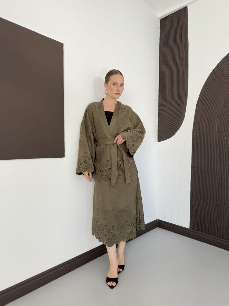Laser-Cut Suede Kimono Jacket in Khaki