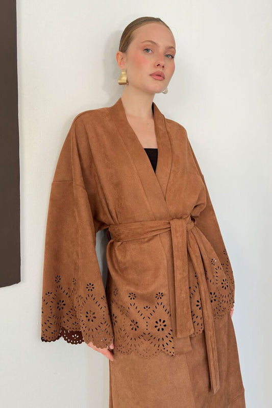 Laser-Cut Suede Kimono Jacket in Tan