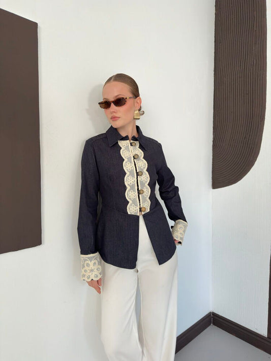 Lace Placket Denim Jacket - Navy
