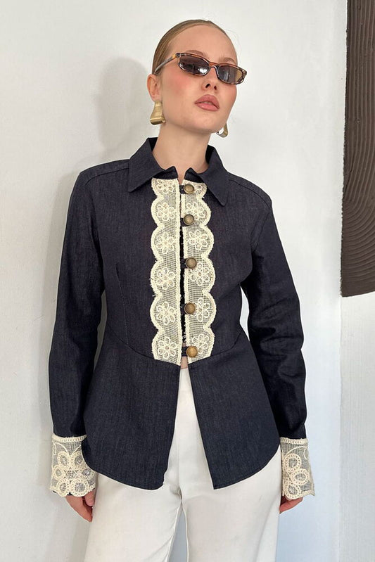 Lace Placket Denim Jacket - Navy