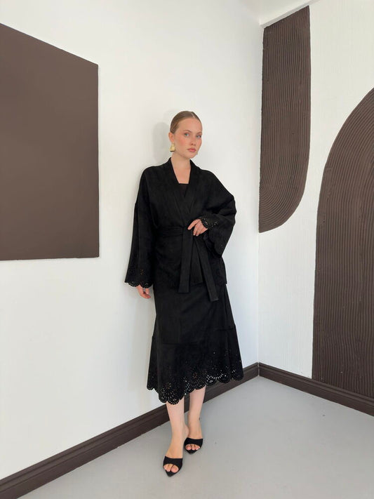Laser-Cut Suede Midi Skirt in Black