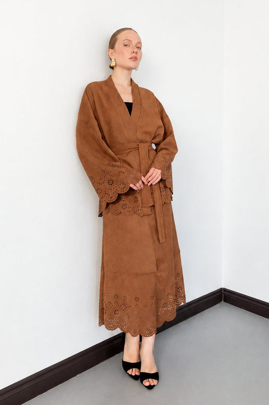 Laser-Cut Suede Midi Skirt in Tan