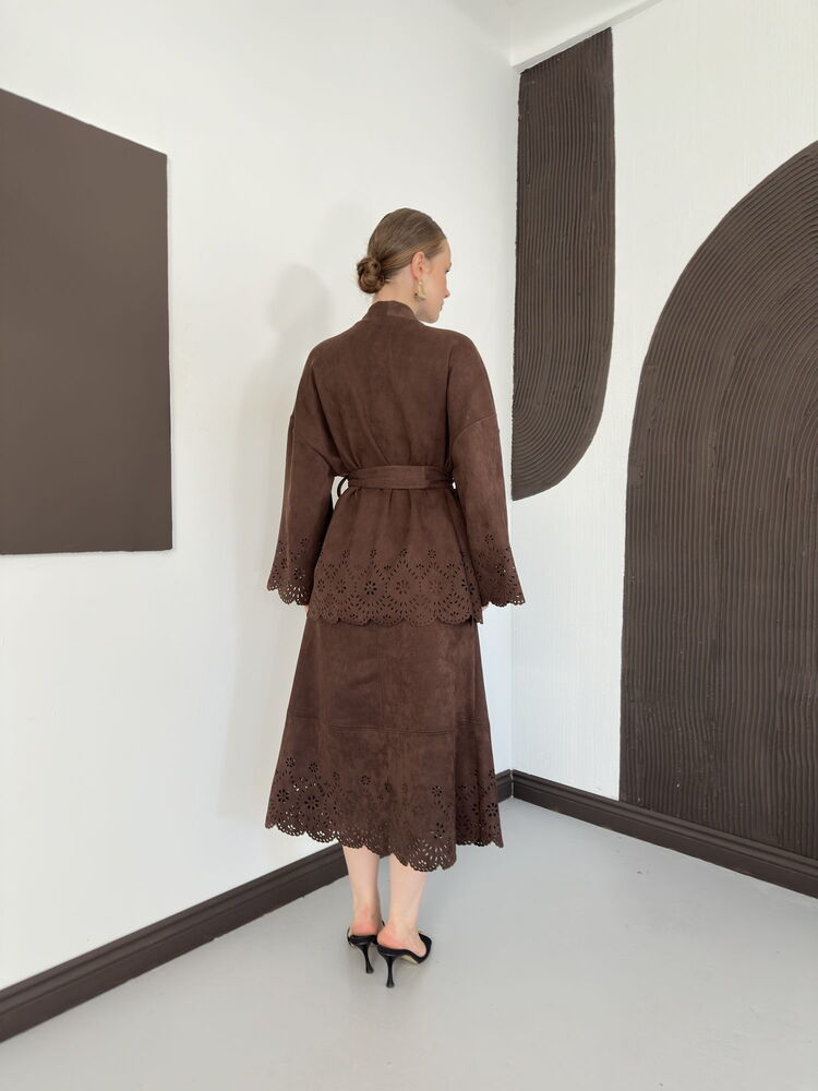 Laser-Cut Suede Midi Skirt in Brown