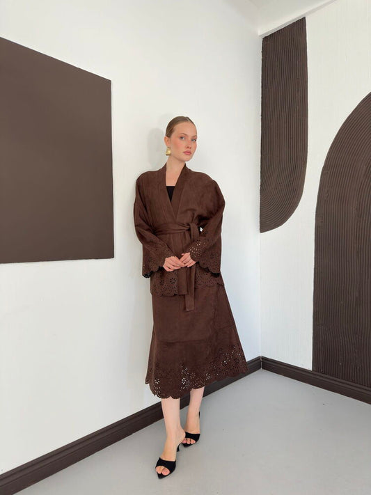 Laser-Cut Suede Midi Skirt in Brown