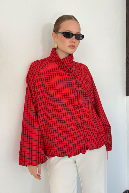 Plaid Frog-Button Jacket