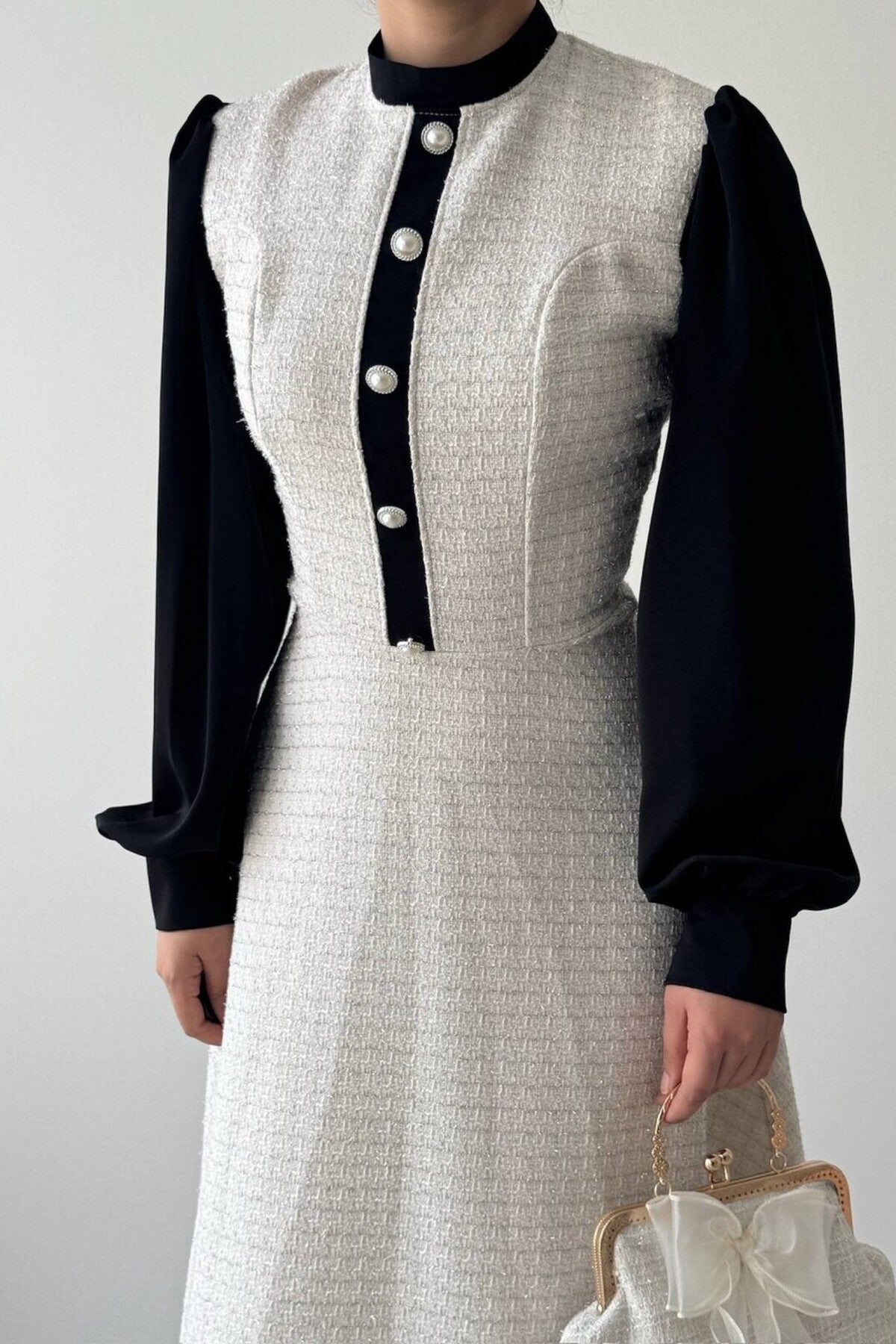 Contrast Sleeve Tweed Dress
