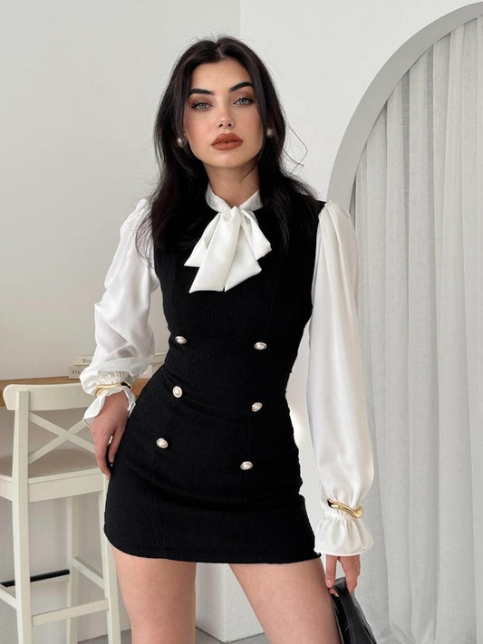Tweed Mini Dress with Bow Blouse