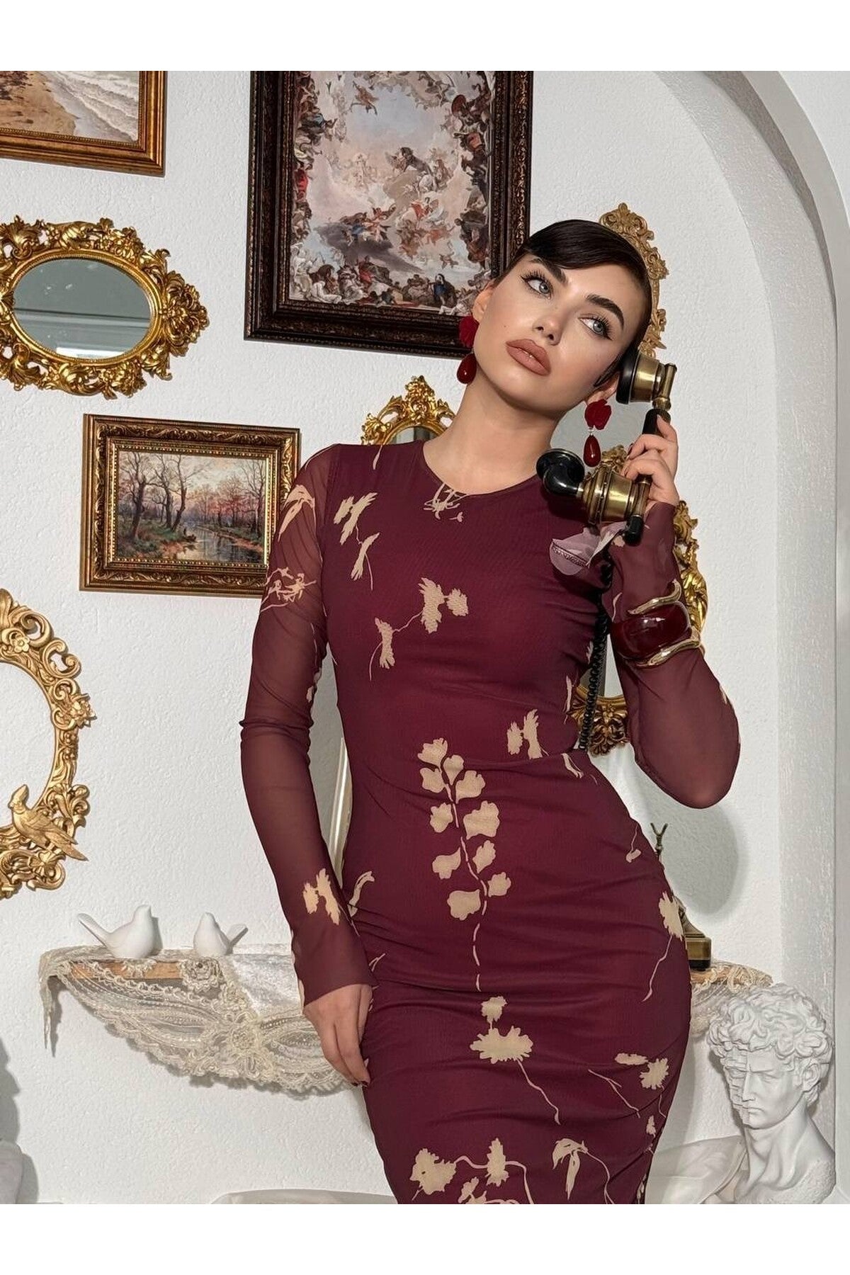 Botanical Tulle Dress - Burgundy