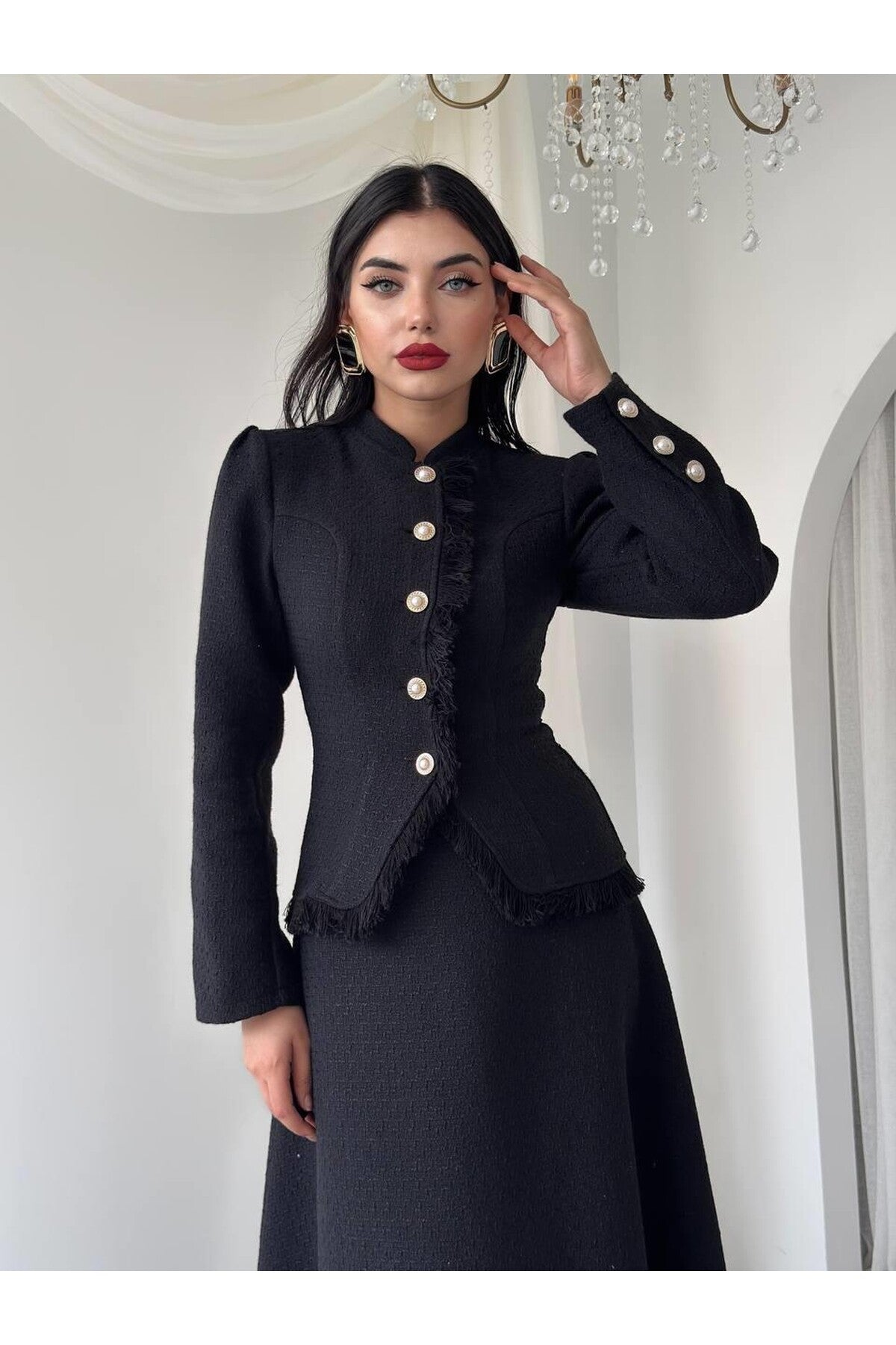 Fringed Tweed Skirt Set