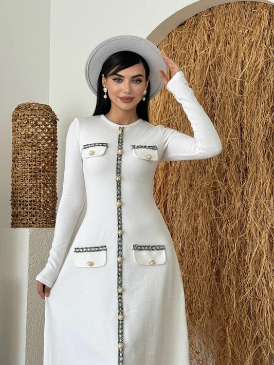 Knit Midi Dress with Pearl Buttons