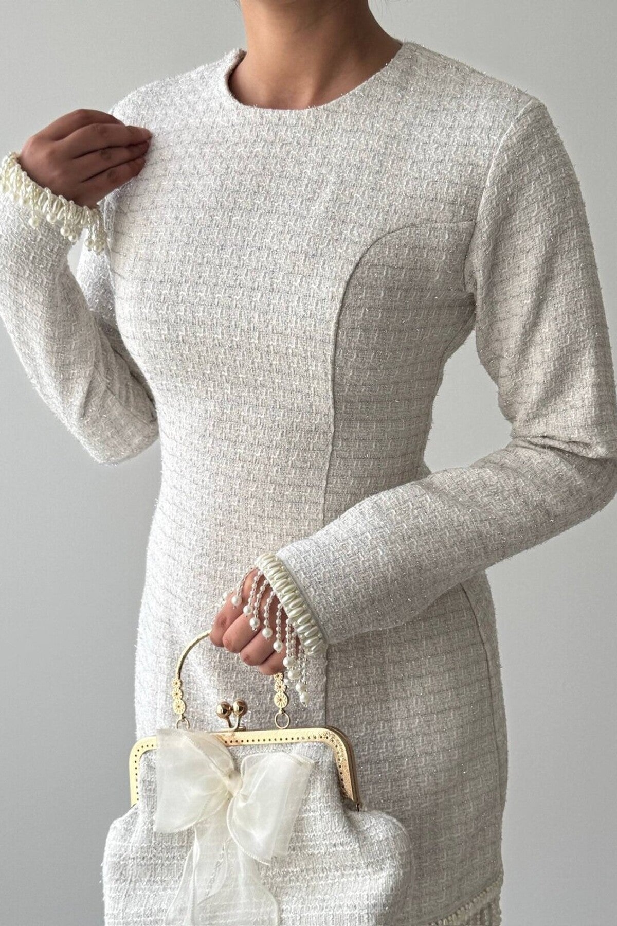 Tweed Mini Dress with Pearl Fringe
