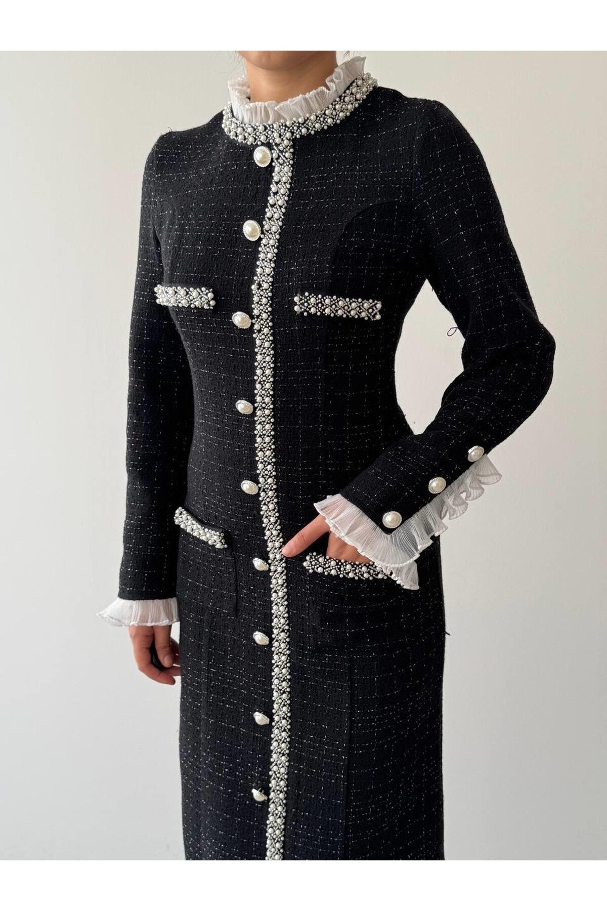 Pearl Trim Tweed Midi Dress