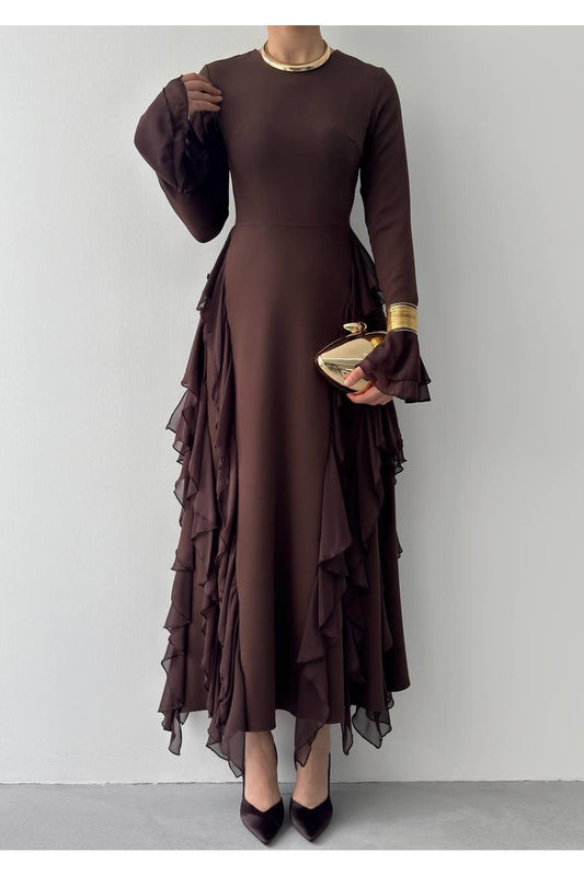 Cascade Ruffle Maxi Dress - Brown