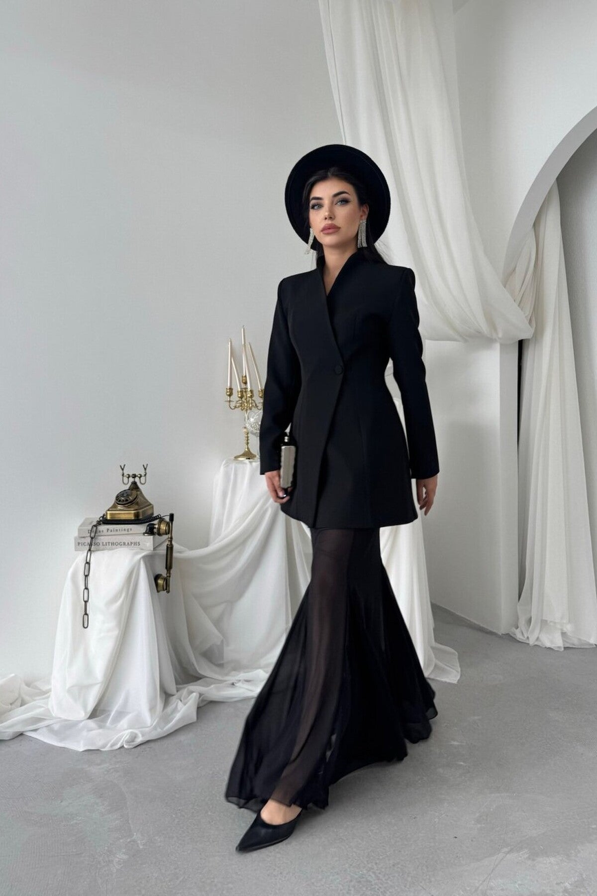 Sculpted Blazer & Sheer Skirt Set