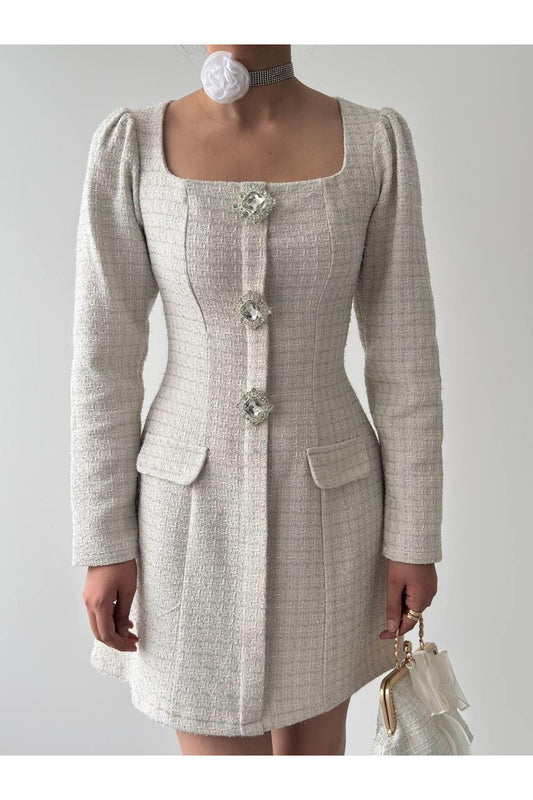 Tweed Mini Dress with Crystal Buttons