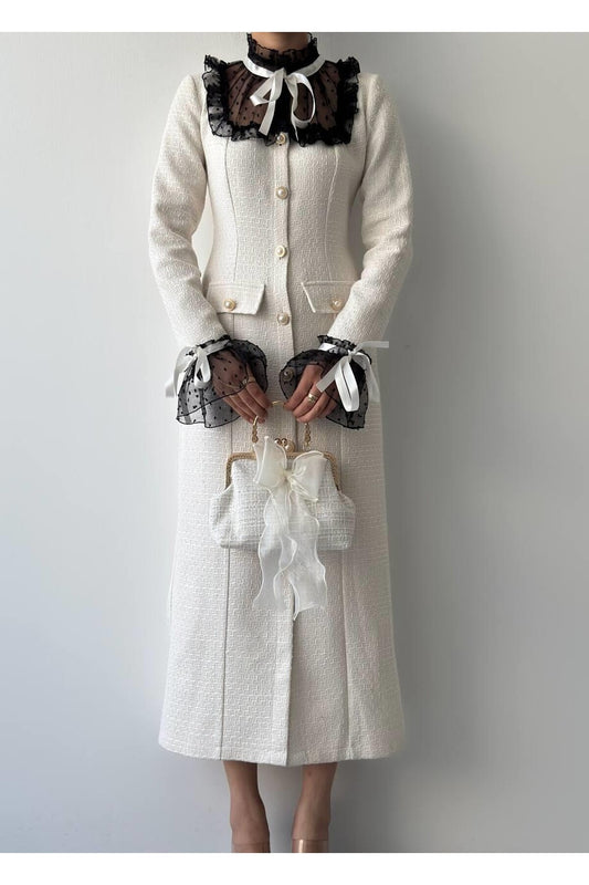 Victorian Tweed Dress with Lace Collar