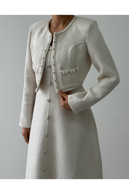 Pearl Trim Tweed Jacket & Dress Set