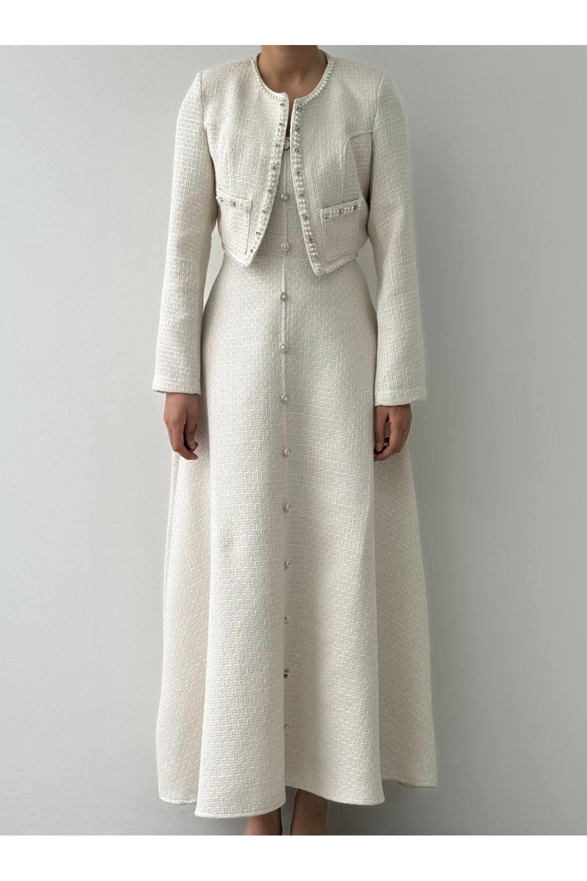 Pearl Trim Tweed Jacket & Dress Set