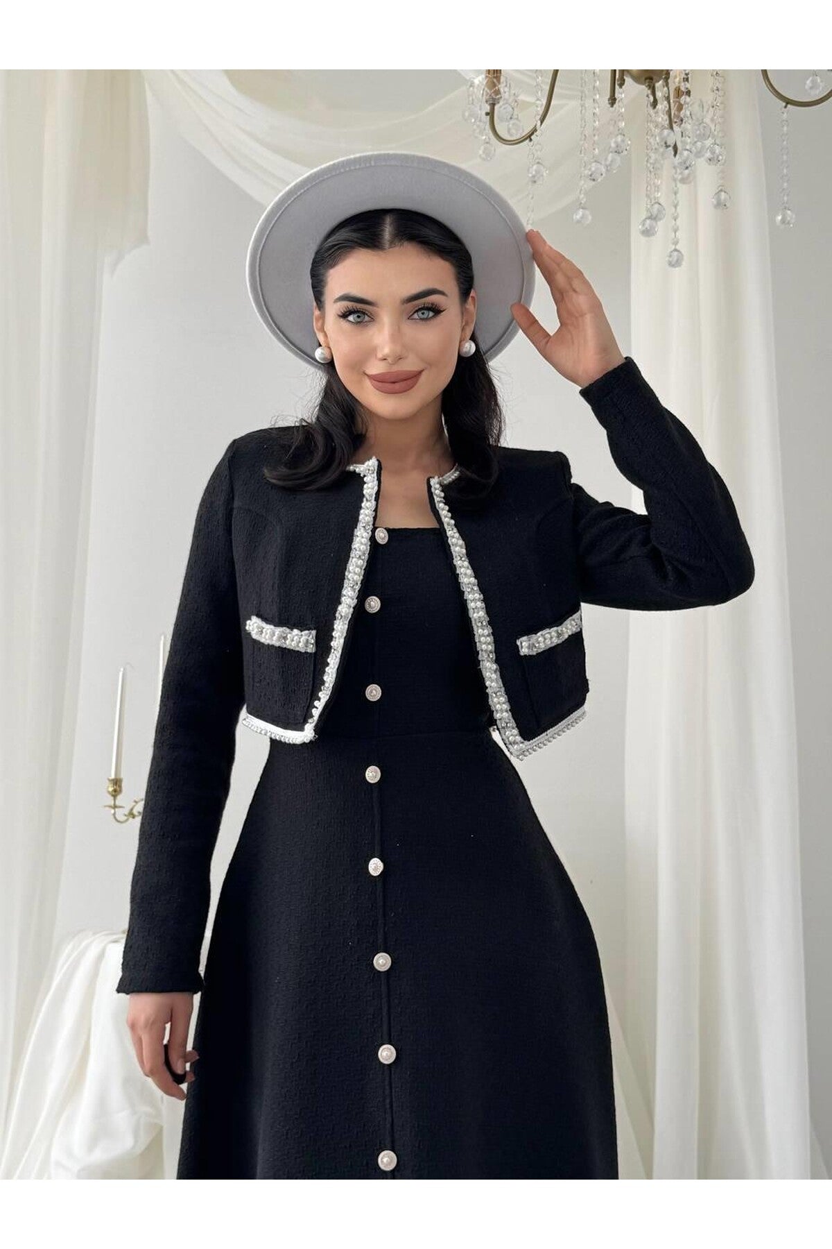 Pearl Trim Tweed Jacket & Dress Set