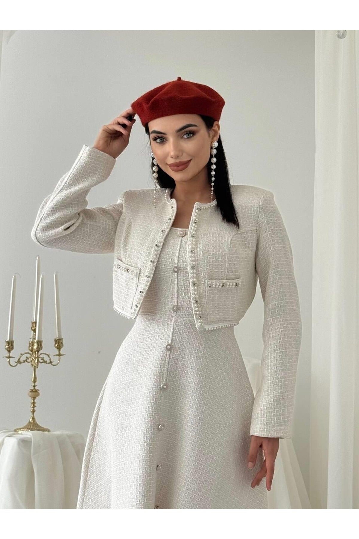 Pearl Trim Tweed Jacket & Dress Set