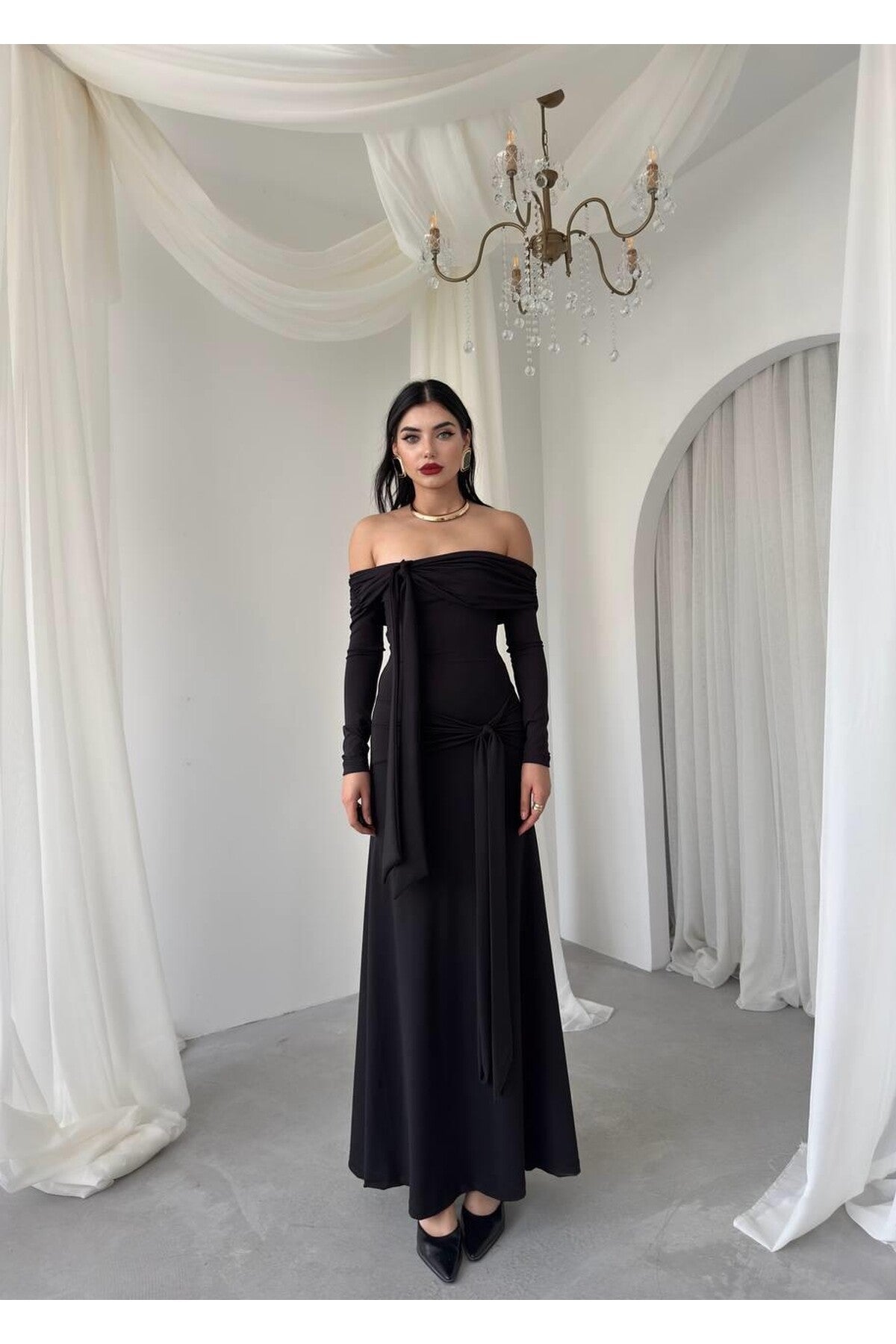 Draped Sash Off-Shoulder Dress