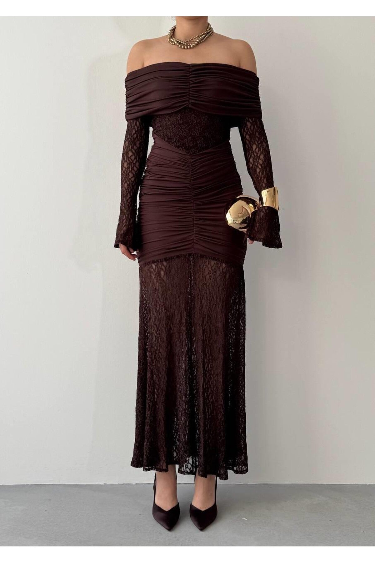 Ruched Lace Off-Shoulder Dress