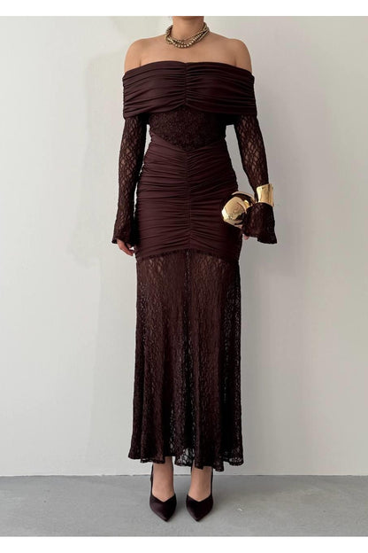 Ruched Lace Off-Shoulder Dress
