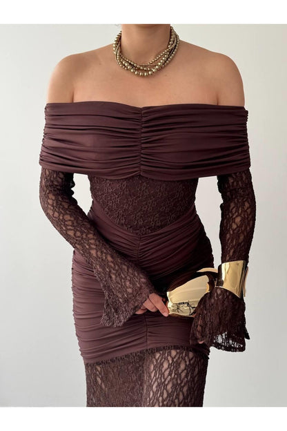 Ruched Lace Off-Shoulder Dress