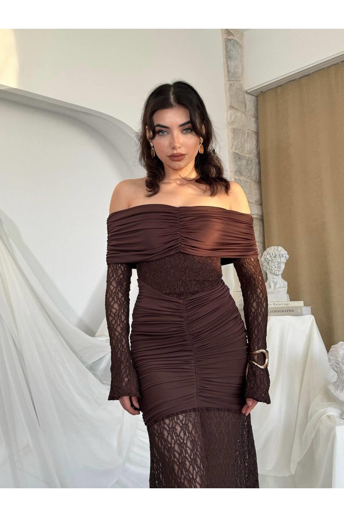 Ruched Lace Off-Shoulder Dress