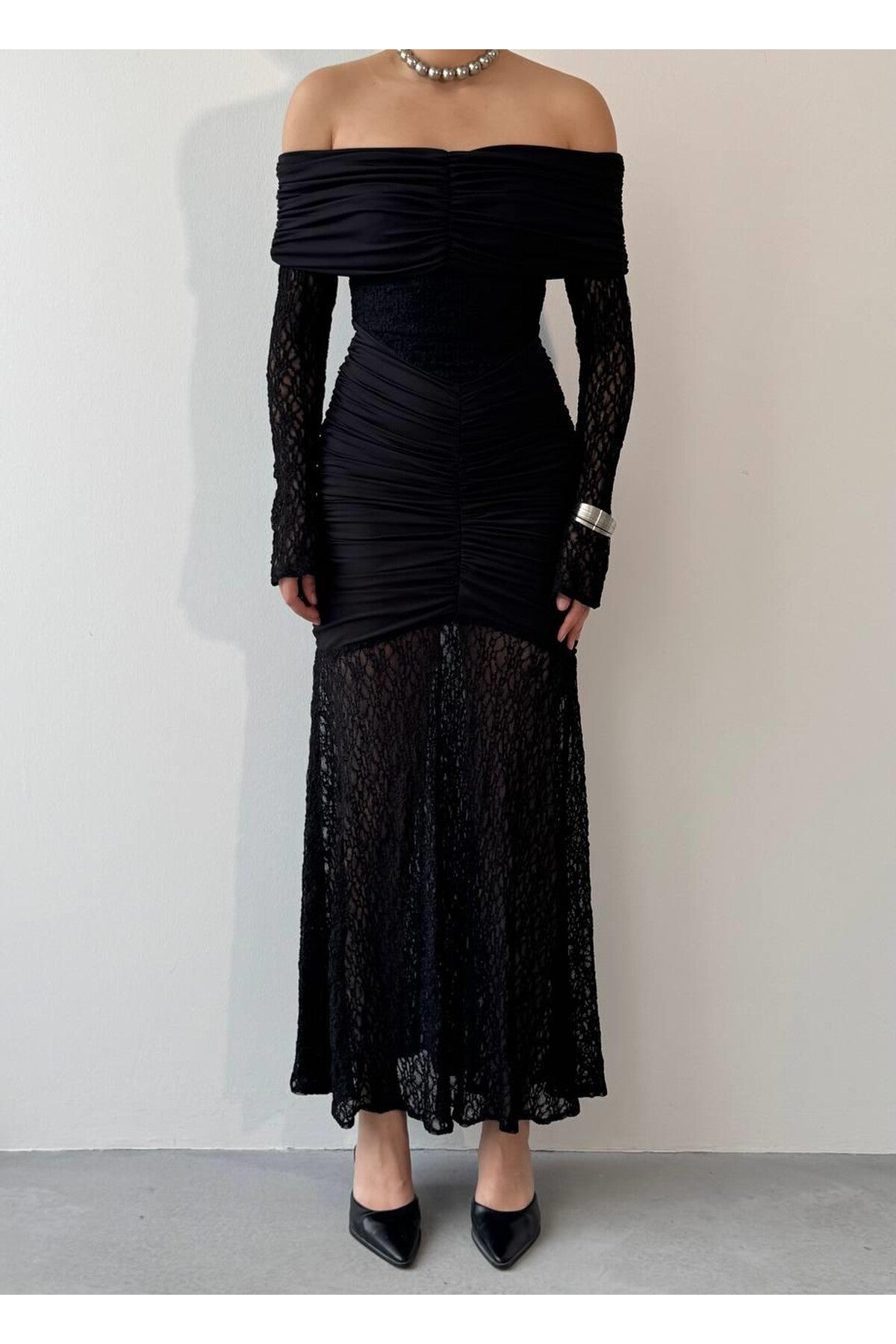 Ruched Lace Off-Shoulder Dress