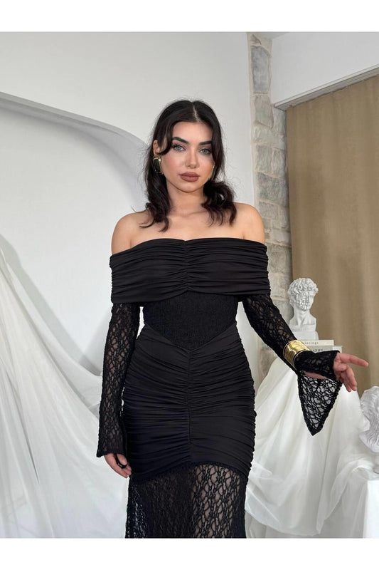 Ruched Lace Off-Shoulder Dress