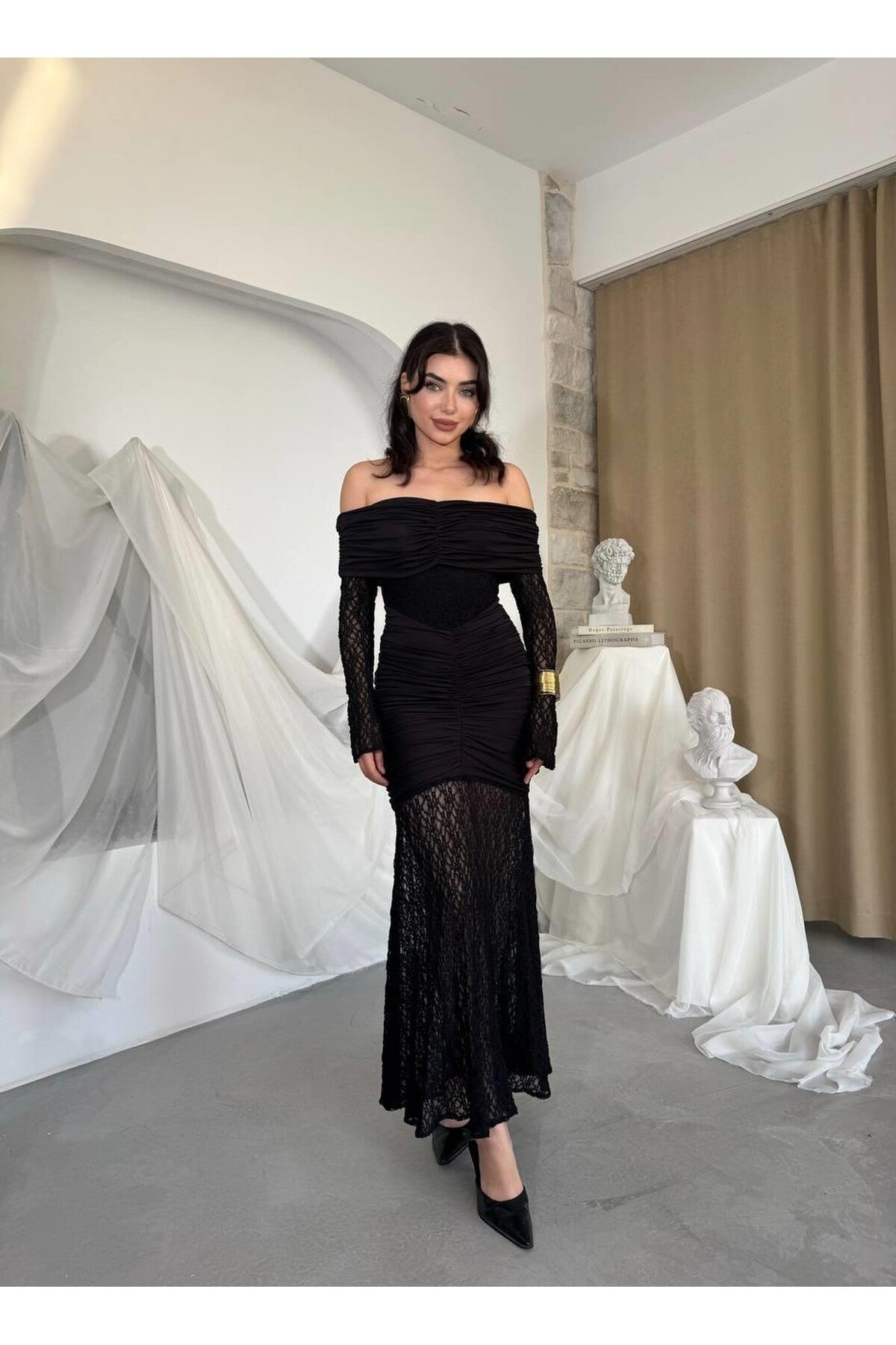 Ruched Lace Off-Shoulder Dress