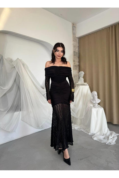 Ruched Lace Off-Shoulder Dress