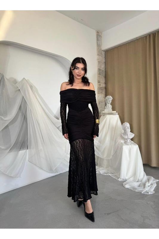 Ruched Lace Off-Shoulder Dress