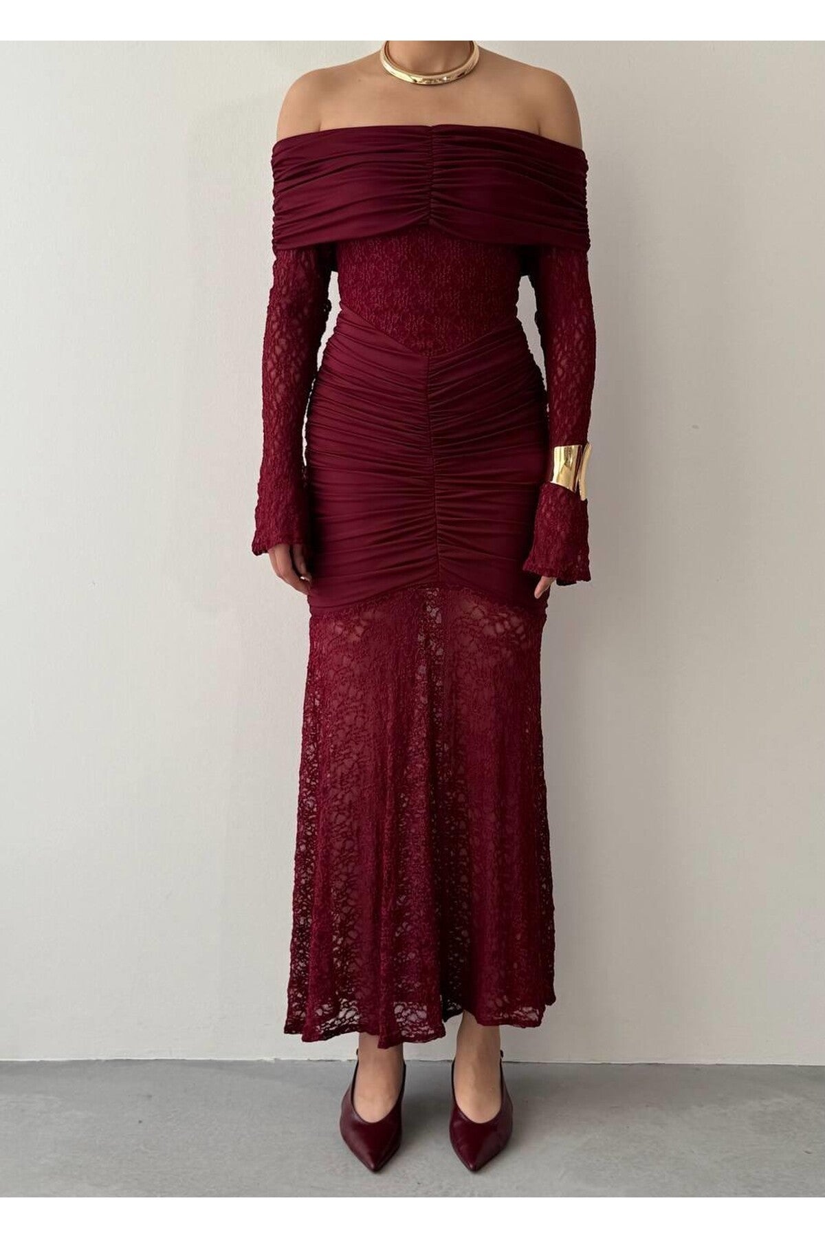 Ruched Lace Off-Shoulder Dress