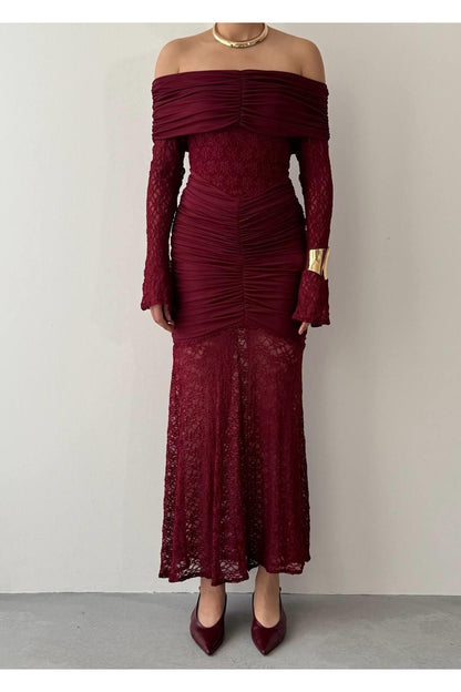 Ruched Lace Off-Shoulder Dress