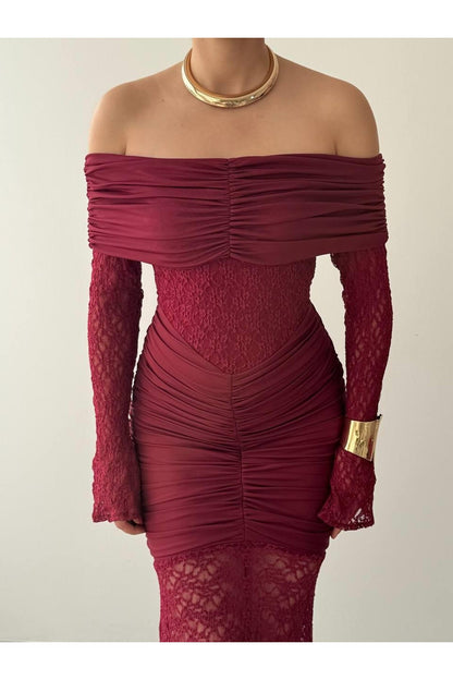 Ruched Lace Off-Shoulder Dress