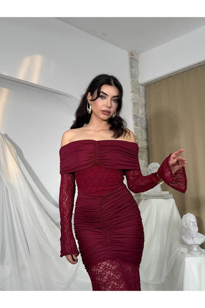 Ruched Lace Off-Shoulder Dress